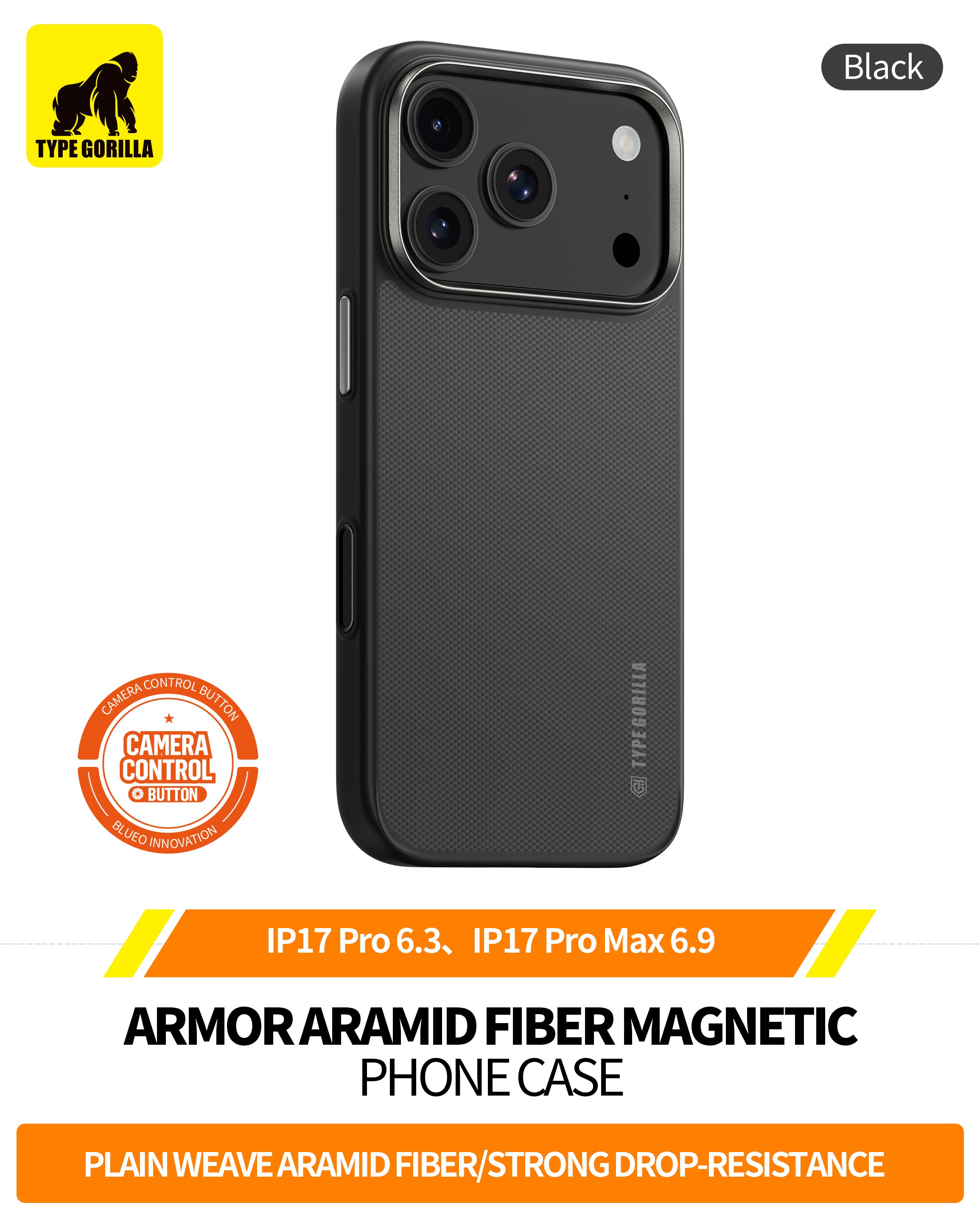 Apple iPhone 17 Pro Max TG Aramid Fiber (600D) Magsafe Hátlap - Fekete