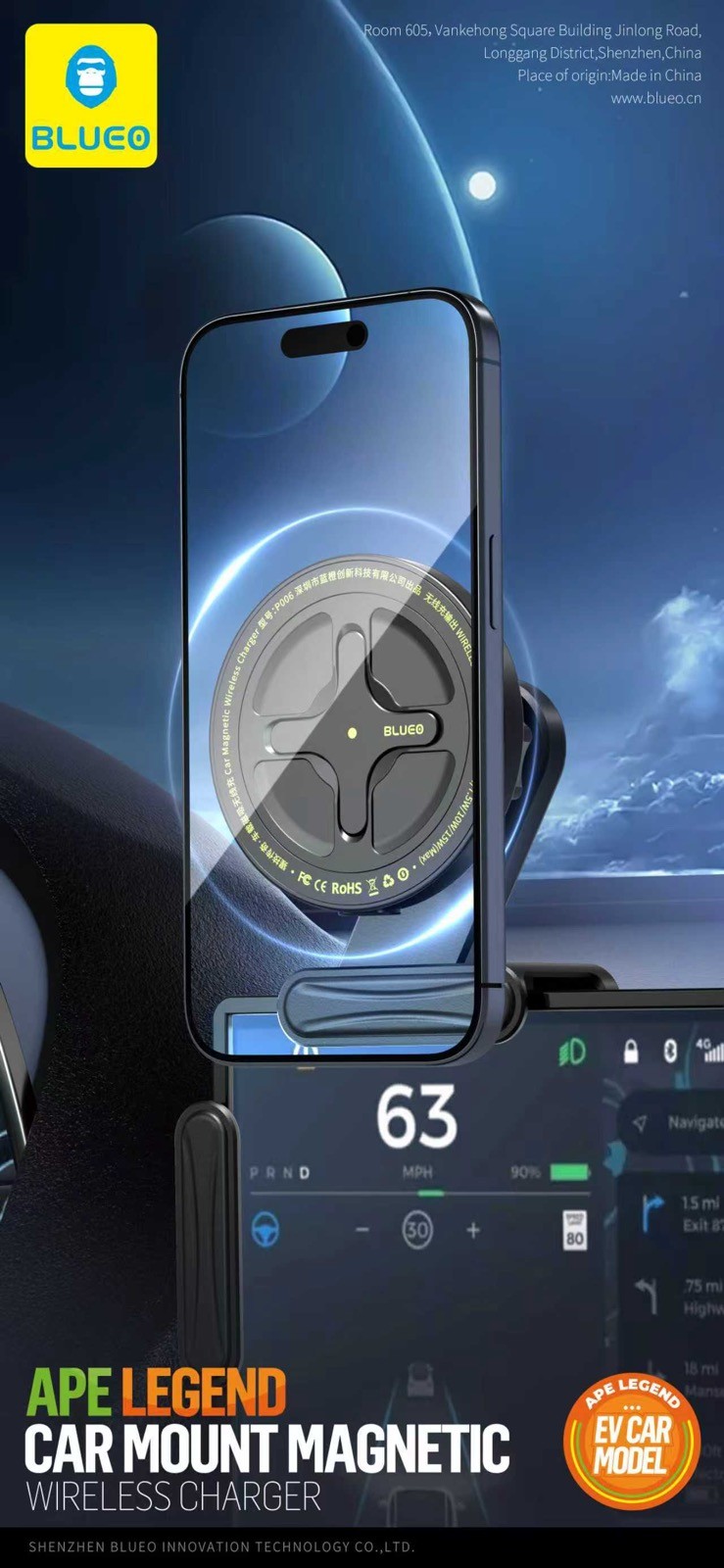 Blueo Ape Legend Csiptetős MagSafe Autós Töltő és Mágneses Tartó - Fekete