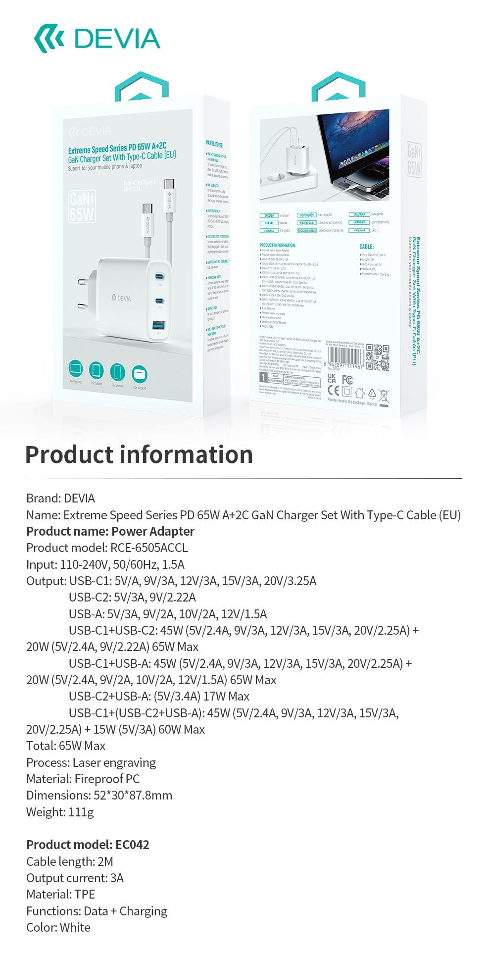 Devia RCE-6505ACCL Extreme Speed PD 65W GaN + QC 3.0 Hálózati Töltőfej + E
