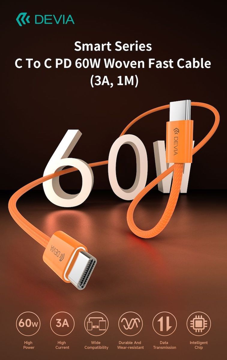 DEVIA EC325 Smart PD 60W USB Type-C 1M Adatkábel - Narancssárga