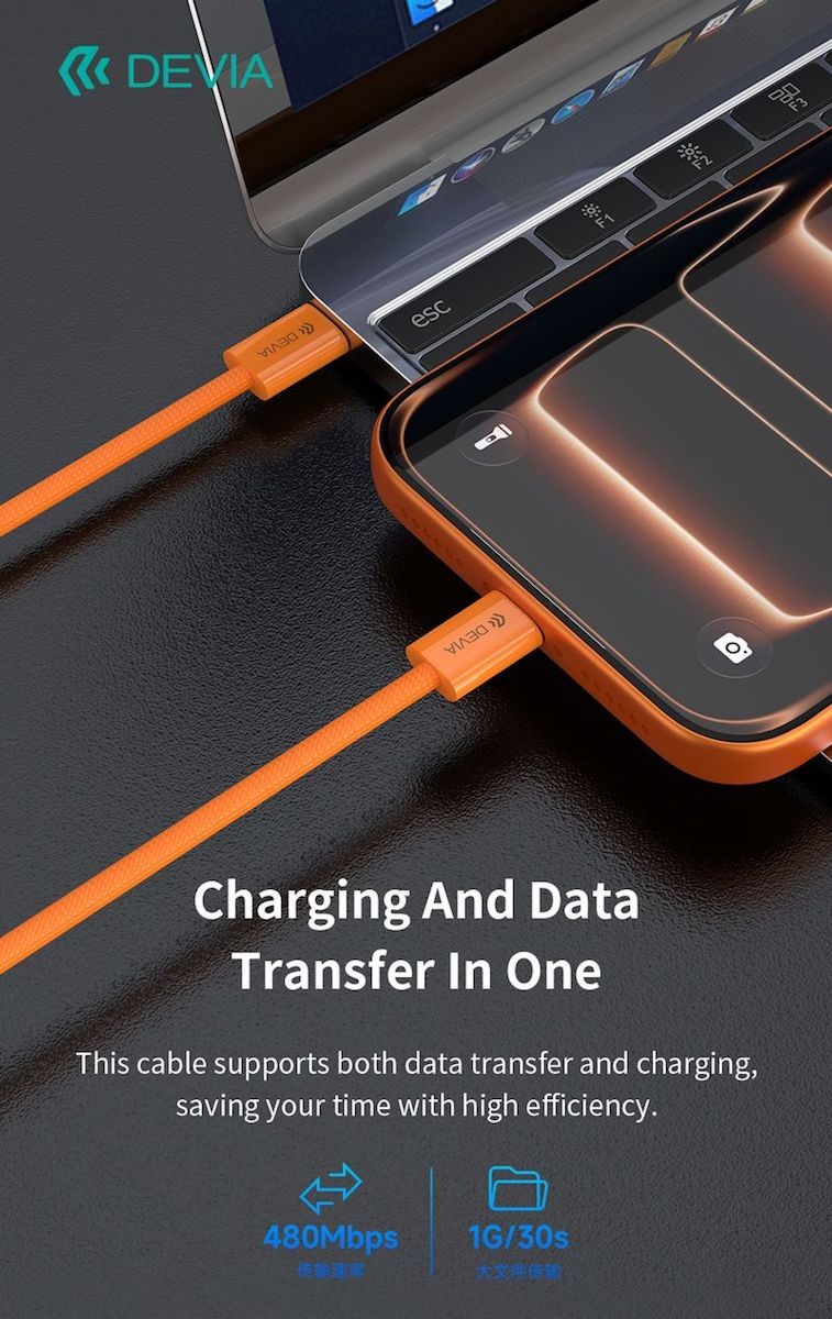 DEVIA EC325 Smart PD 60W USB Type-C 1M Adatkábel - Narancssárga