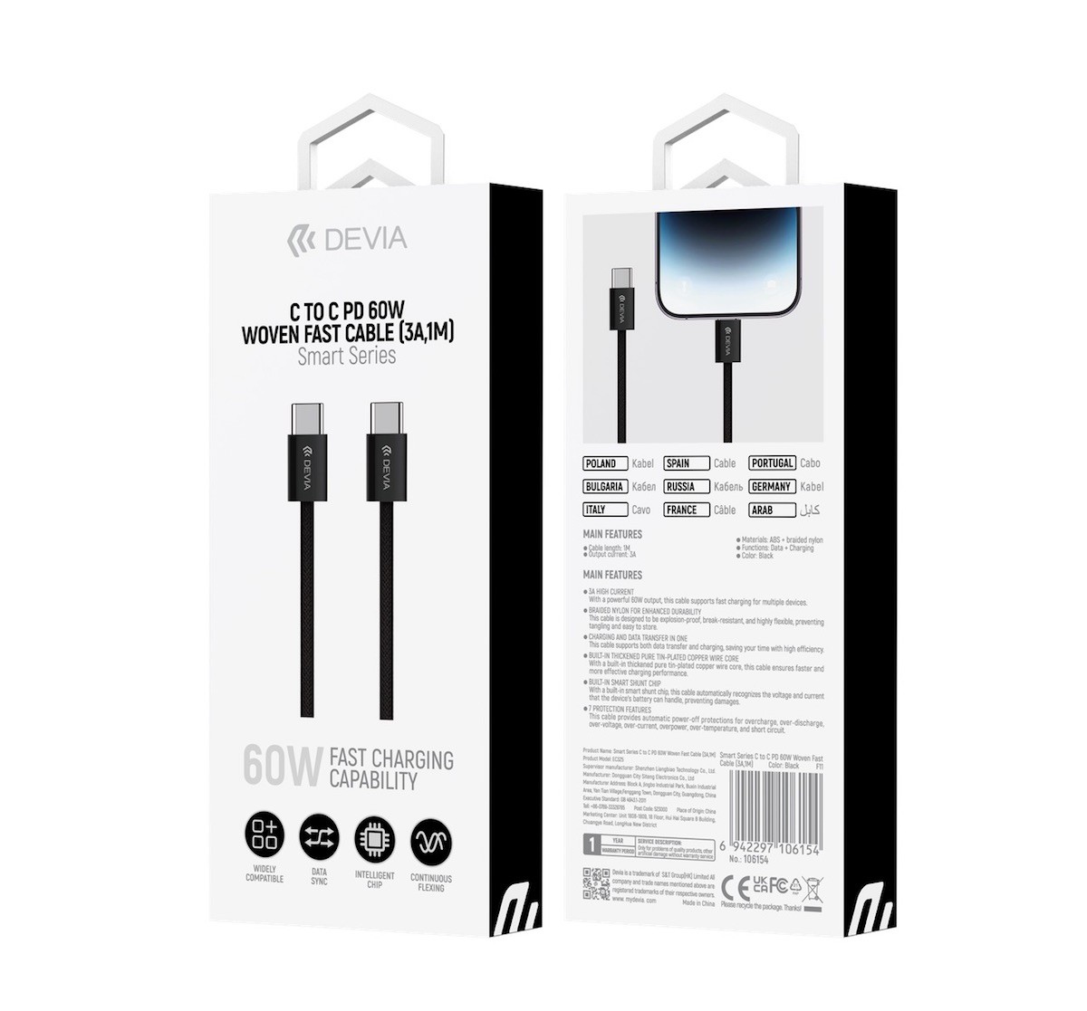 DEVIA EC325 Smart PD 60W USB Type-C 1M Adatkábel - Fekete