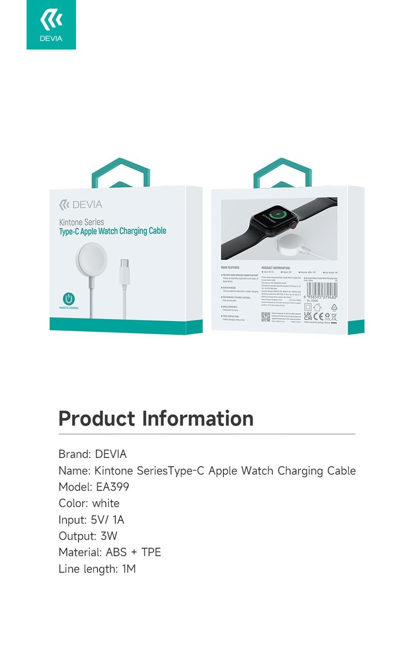 DEVIA EA399 Smart USB Type-C Magnetic Wireless Apple iWatch Töltő - Fehér