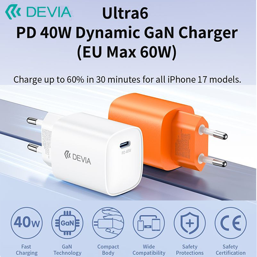 Devia RCE-6001CWEU Ultra6 PD 40W Dynamic GaN Hálózati Töltőfej - Fehér