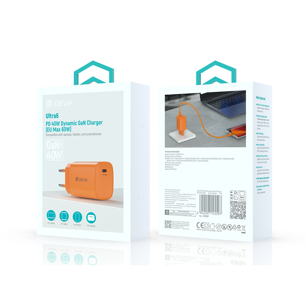 Devia RCE-6001CWEU Ultra6 PD 40W Dynamic GaN Hálózati Töltőfej - Narancssá
