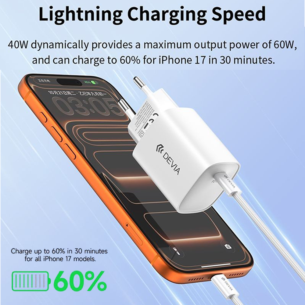 Devia RCE-6001CWEU Ultra6 PD 40W Dynamic GaN Hálózati Töltőfej + USB Type-