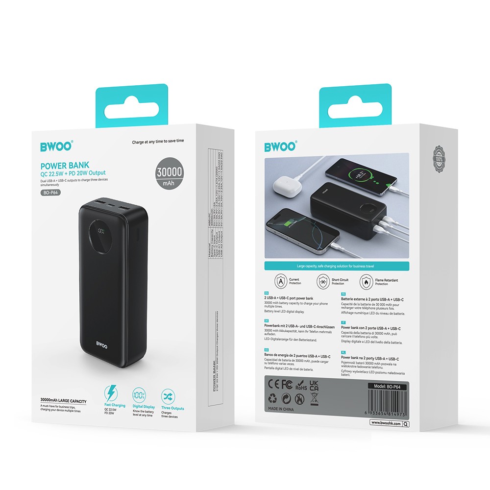 BWOO BO-P64 30000mAh 22.5W Powerbank - Fehér