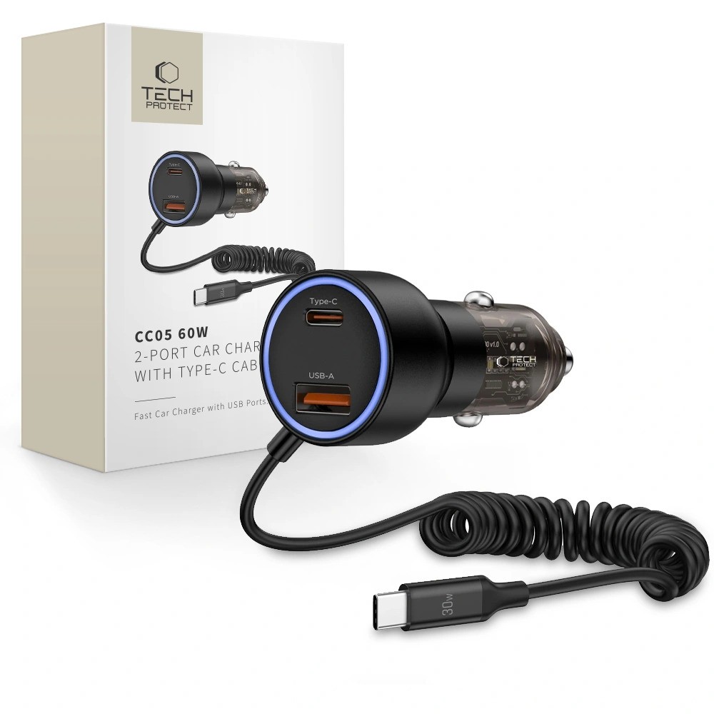 Tech-Protect CC05 60W PD Autós Töltőfej és Kábel - Fekete