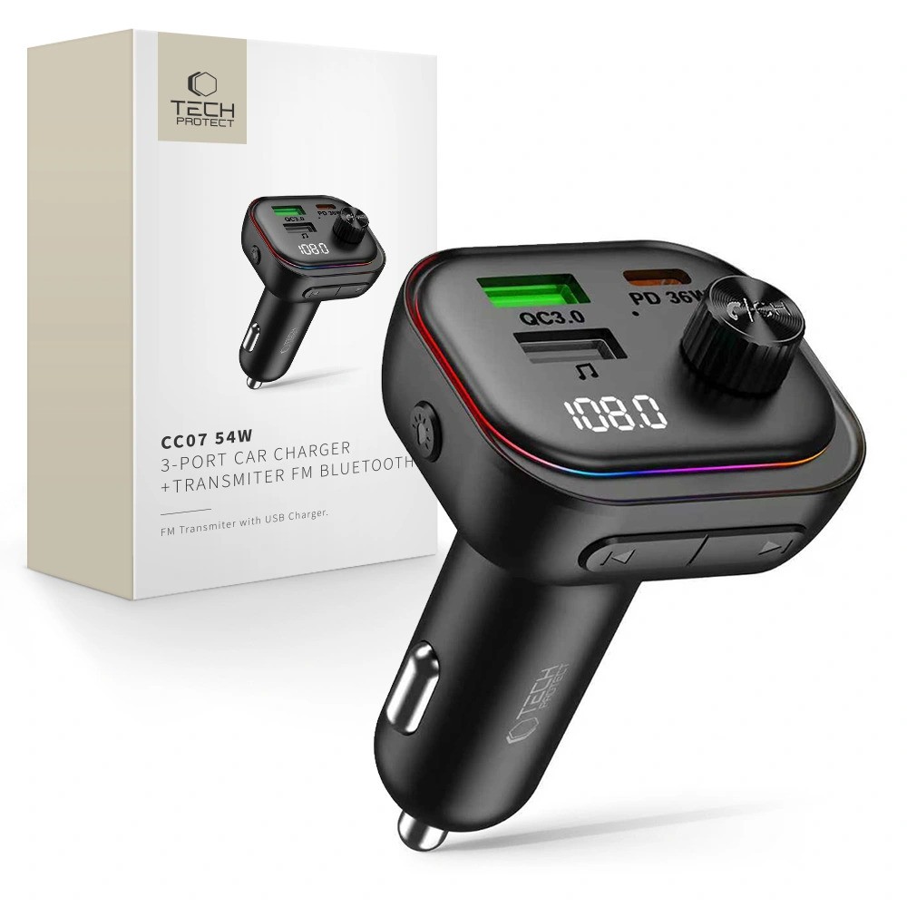 Tech-Protect CC07 3in1 PD 54W+FM Transmitter+Kihangosító - Fekete