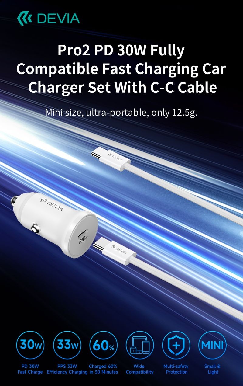 Devia EA511 Pro2 PD 30W Autós Töltőfej + PD Type-C Adatkábel- Fehér