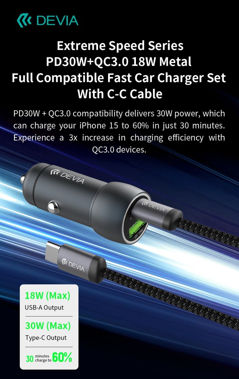 Devia EA507 Extrem Speed PD 30W+QC 3.0 18W Autós Töltőfej + PD Type-C Adat