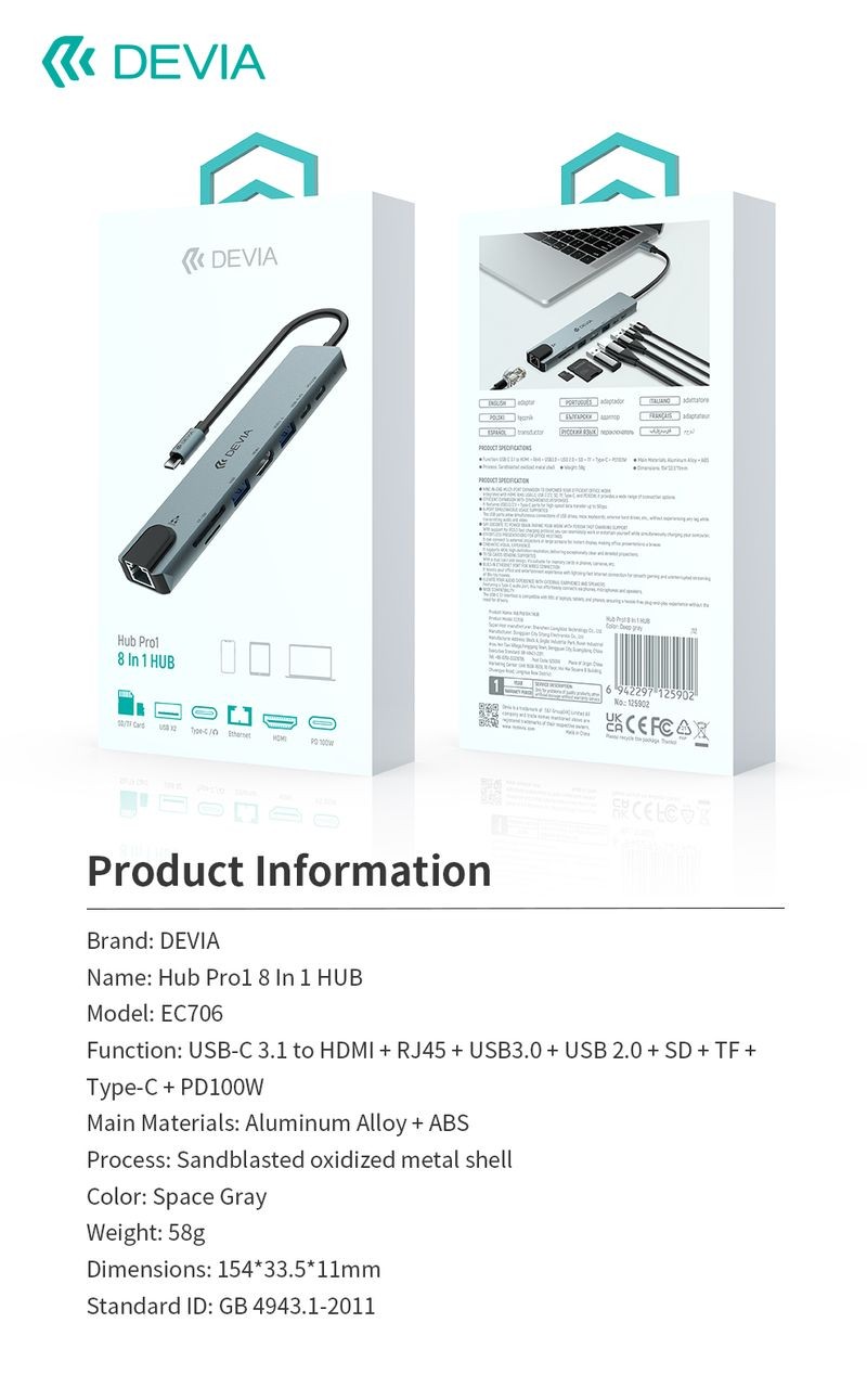 Devia EC706 8in1 Multi PD HUB Adapter - Grafit