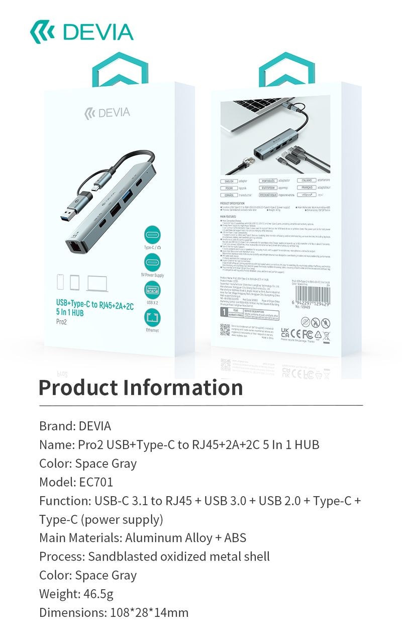 Devia EC701 Pro2 5in1 Multi PD HUB Adapter - Grafit