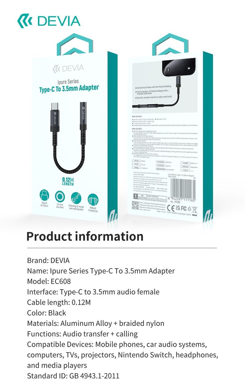Devia EC608 Ipure USB Type-C Audió és Töltő Adapter - Fekete