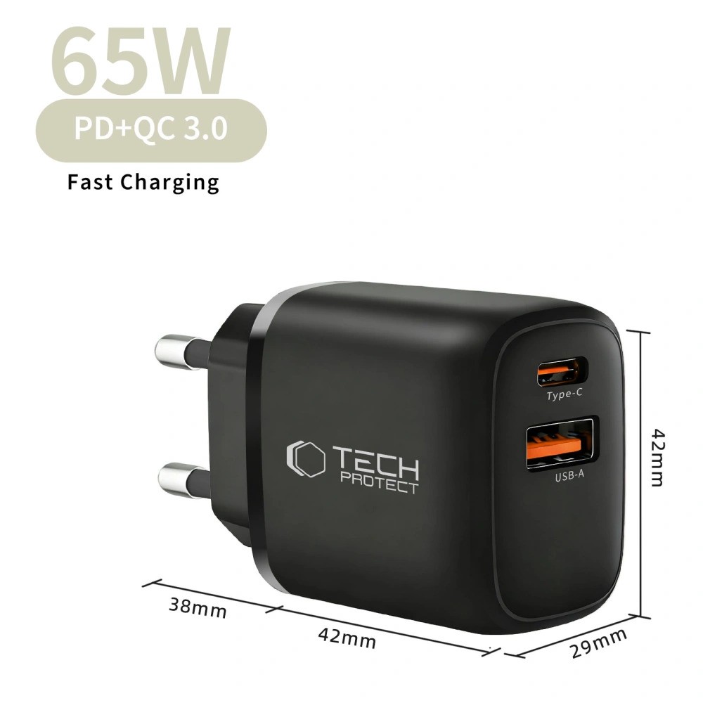 Tech-Protect Smart QC 3.0 + PD 65W GaN Hálózati Töltőfej - Fekete