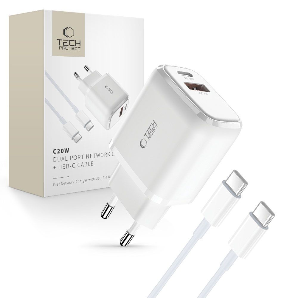 Tech-Protect C20W QC3.0 PD 20W Hálózati Töltőfej + USB Type-C Töltőkábel -