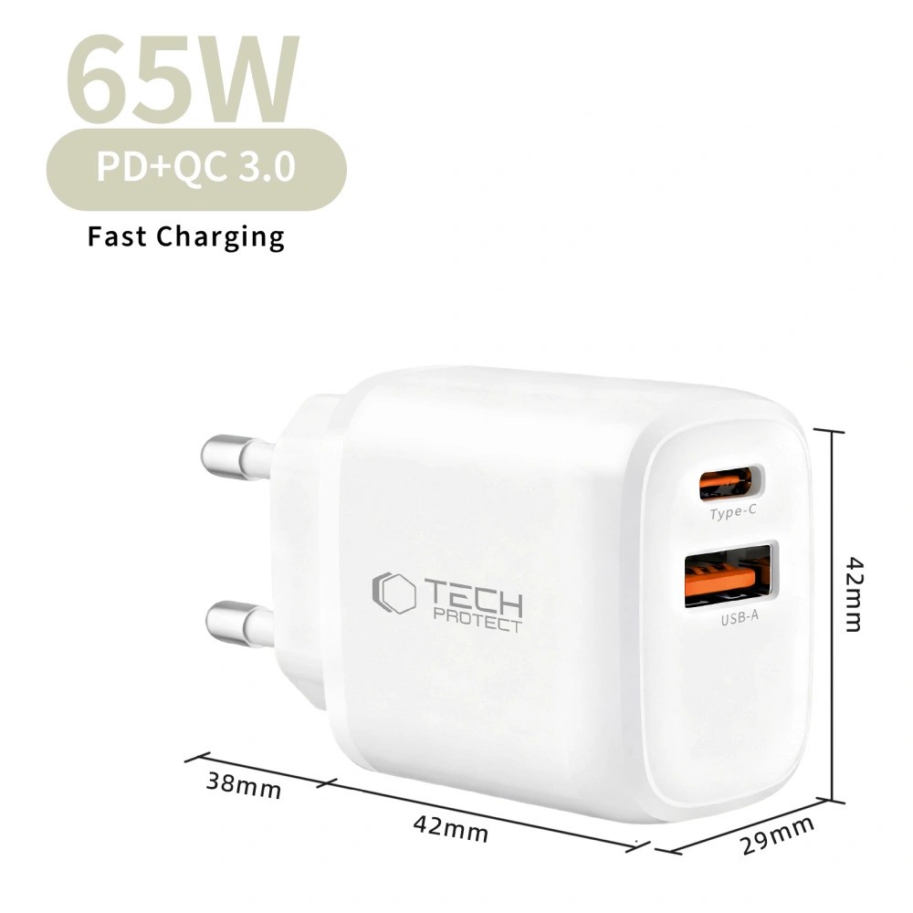 Tech-Protect Smart QC 3.0 + PD 65W GaN Hálózati Töltőfej - Fehér