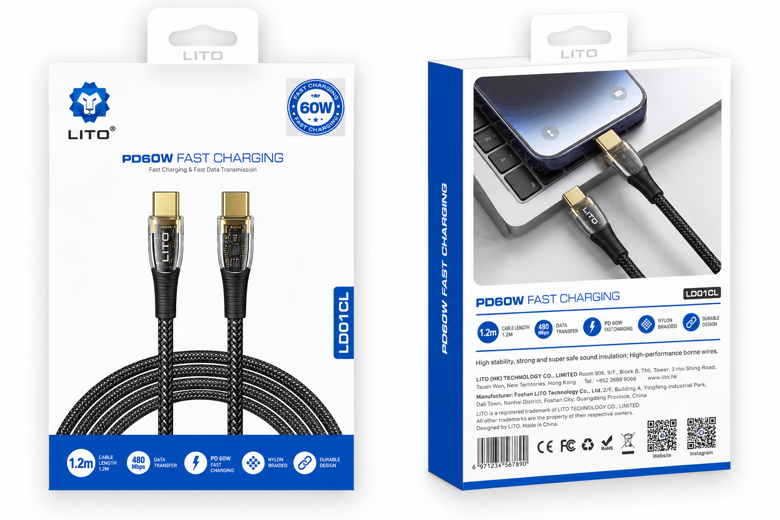 Lito LD01CC Fast PD 60W USB Type-C 1.2M Adatkábel - Fekete