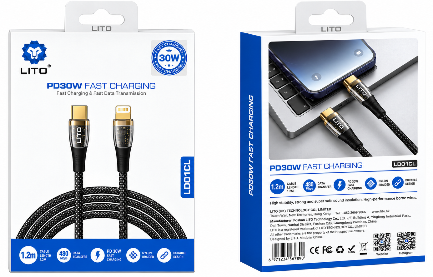 Lito LD01CL Fast PD 30W USB Type-C to Lightning 1.2M Adatkábel - Fekete