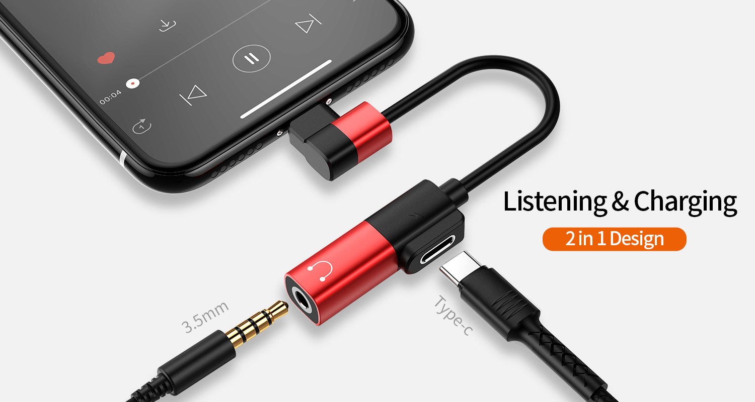JOYROOM S-M361 Elf 4-1 USB Type-C Audió és Töltő Adapter - Piros